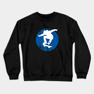 Grunge Urban Skateboarder Graffiti Style - White Silhouette with Blue Background Crewneck Sweatshirt